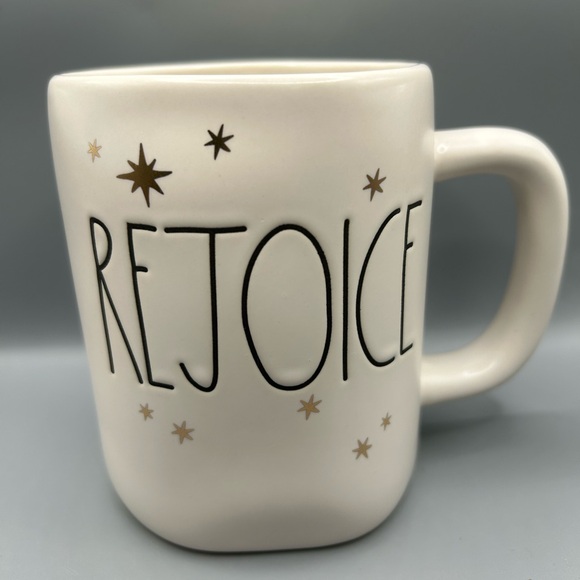 Rae Dunn Farmhouse REJOICE Mug With Rose Gold Star Accents Christmas NEW - Picture 1 of 2